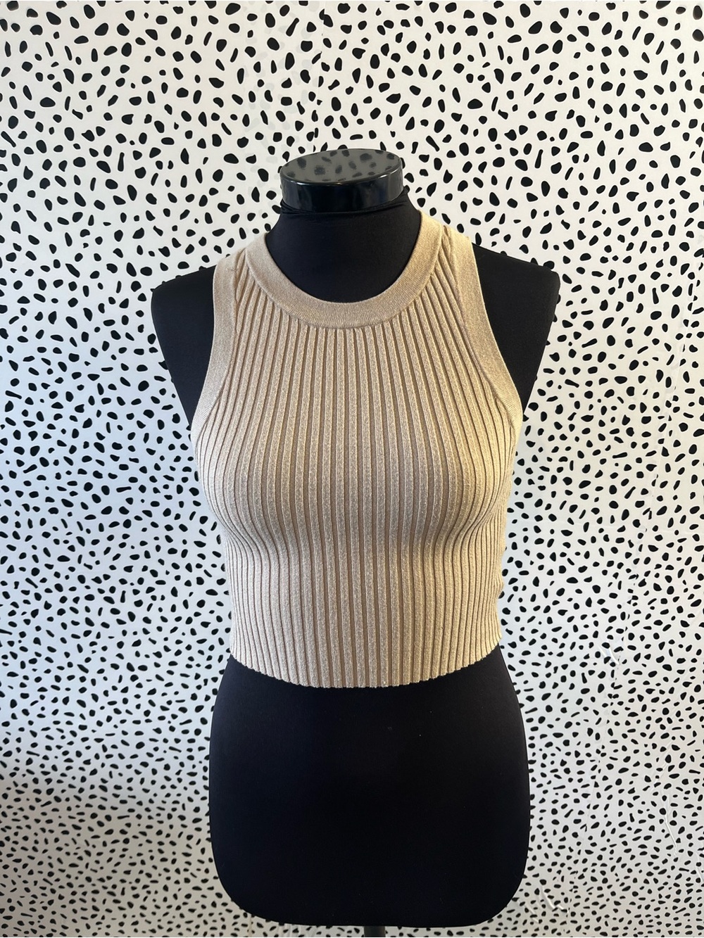 Divided Beige Ribbed Crop Tank